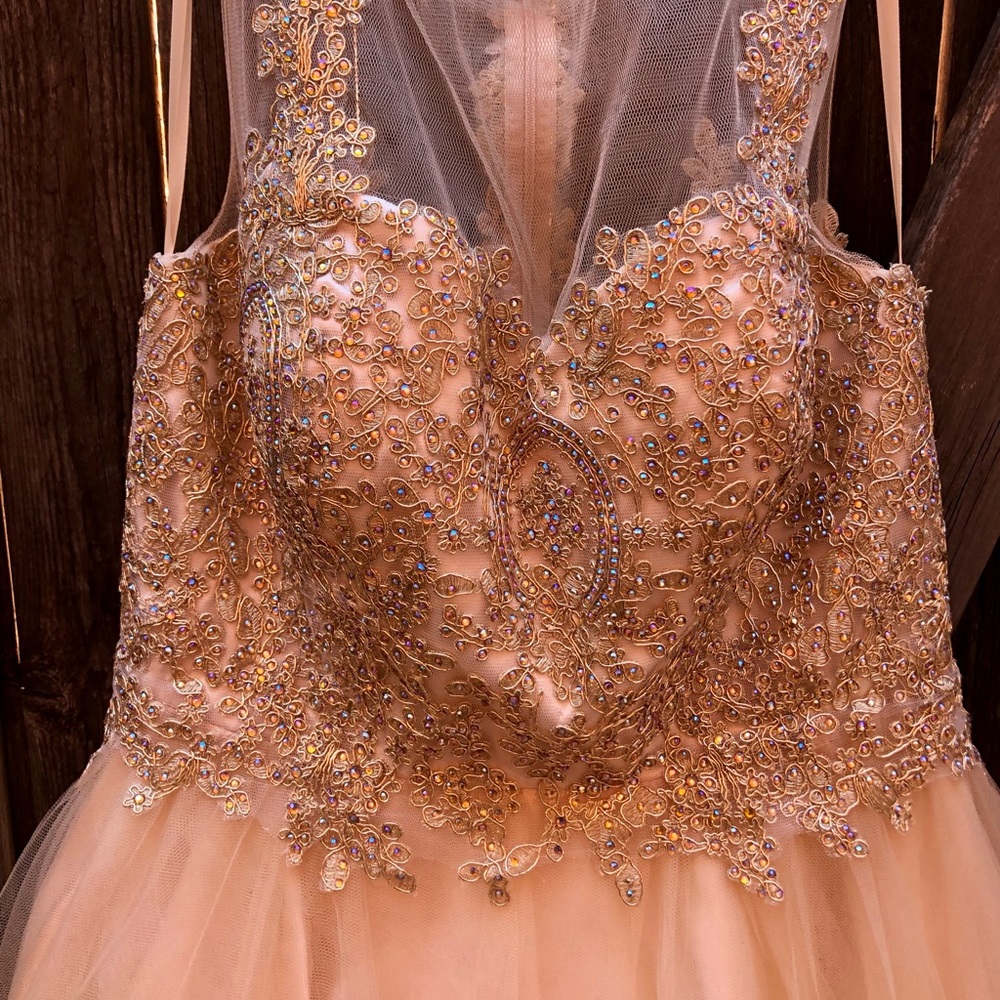 Cream Semi Formal Sleeveless Gold Dress Beaded Bling Tulle Prom Wedding 0010